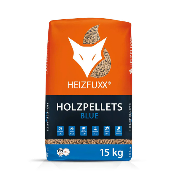 Heizfuxx® Holzpellets Blue – Buche &amp; Eiche, 975 kg Palette (65 x 15 kg Sackware), DIN EN ISO 17225-2 A1